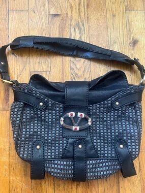Valentino Black and Gray Woven Shoulder Bag with Jeweled Buckle